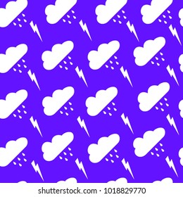 Seamless pattern with cute white clouds, raining drops and lightning on violet background. Great for swatches, fabric, wall art, wrapping, nappy, etc. Vector Illustration artwork fort design.