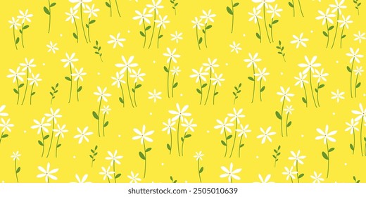 Seamless pattern with cute white daisy flowers on a yellow background. Summer delicate bloom print. Vector graphics.