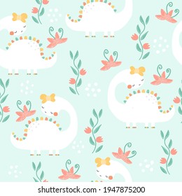 Seamless pattern with cute white dinosaur and plant. Childish print. Vector hand drawn illustration.