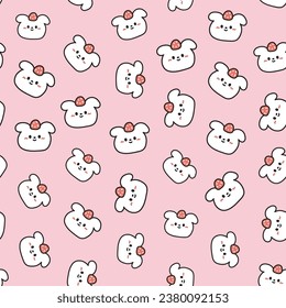 Seamless pattern of cute white dog with strawberry on head pink background.Pet animal character cartoon design.Image for card,poster,baby product.Kawaii.Vector.Illustration.