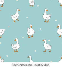 Seamless pattern with cute white ducks. Vector illustration