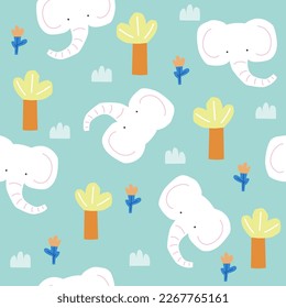 Seamless pattern and cute white elephant   tropical plants  Vector hand drawn illustration 