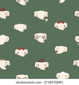 Seamless pattern of cute white elephants on a green background. Vector illustration for kids fabric, apparel, wrapping paper. Set of different elephant animals