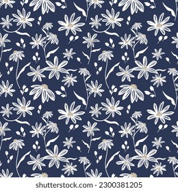 Seamless pattern of cute white flower branches with leaves on blue background. Vector illustration.