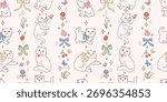 Seamless pattern with cute white fluffy cats, butterflies, bows and flowers. Hand drawn vector illustration in vintage style. Funny retro pet character background. Cottage core kitty on white.