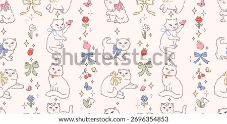 Seamless pattern with cute white fluffy cats, butterflies, bows and flowers. Hand drawn vector illustration in vintage style. Funny retro pet character background. Cottage core kitty on white.