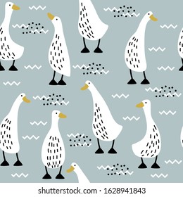 Seamless pattern with cute white funny geese