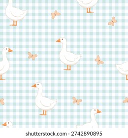 Seamless pattern with cute white geese and butterflies on mint gingham background. Farmhouse style nursery wallpaper.
