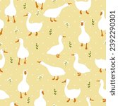 Seamless pattern with cute white gooses and flowers. Funny hand drawn print. 