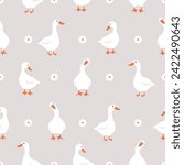 Seamless pattern with cute white gooses. Domestic and wild ducks on farm. Hand drawn print. Perfect for fabric, package paper, wallpaper, postcards. Vector illustration in flat cartoon style.