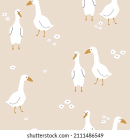 Seamless pattern with cute white gooses. Funny  rustic print. Vector hand drawn illustration.