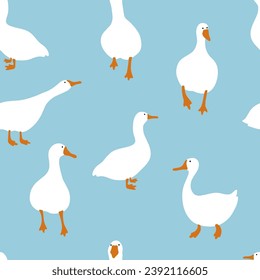 Seamless pattern with cute white gooses. Funny hand drawn print. 
