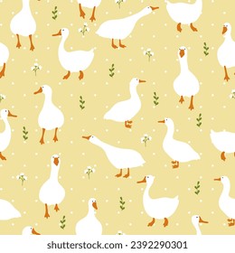 Seamless pattern with cute white gooses and flowers. Funny hand drawn print. 