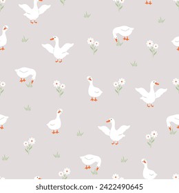 Seamless pattern with cute white gooses. Domestic and wild ducks on farm. Hand drawn print. Perfect for fabric, package paper, wallpaper, postcards. Vector illustration in flat cartoon style.