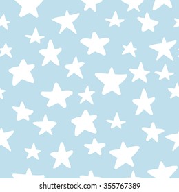 Seamless pattern with cute white hand drawn stars on pastel blue background. 
lovely sky background. Wrapping paper. Vector illustration.