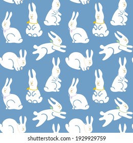 seamless pattern of cute white hand-drawn rabbits, doodles, vector images on a blue background