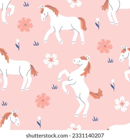 Seamless pattern with cute white horses and flowers. Vector graphics.