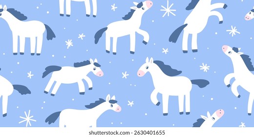 Seamless pattern with cute white horses and snowflakes. Christmas funny background 