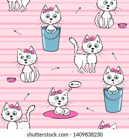 Seamless pattern with cute white kittens. Vector illustration in cartoon style