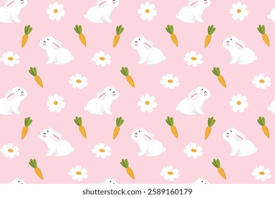 Seamless pattern with cute white little rabbit, carrot and daisies. Design for textile, wrapping paper, cards. Vector illustration