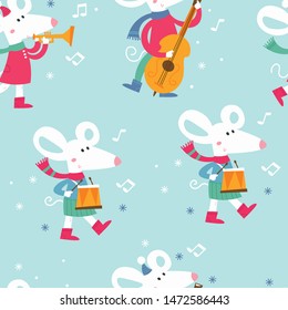 Seamless pattern with cute white mice playing musician instruments: double bass, trumpet, drum