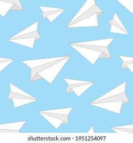 Seamless pattern with cute white origami paper planes. Vector illustration.