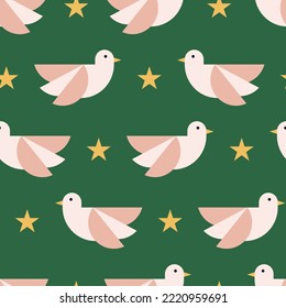 Seamless pattern with cute white pigeons and stars. Christmas vector background with birds.