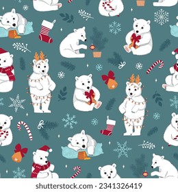 Seamless pattern with cute white polar bears and Christmas elements. Winter blue vector illustration for fabric, wrapping paper, and wallpaper.