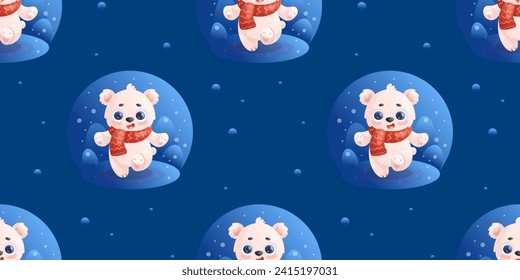 Seamless pattern with cute white polar bear in knitted scarf on blue background. Vector illustration in cartoon style. Kids collection