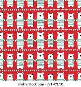 Seamless pattern with cute white polar bear in winter pullover and party bunting flags with stripes and dots. Christmas and New Year background