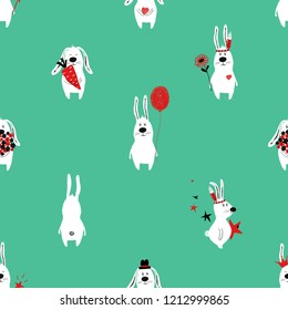 Seamless pattern with cute white rabbit. Funny background for nursery or any textile surface. 