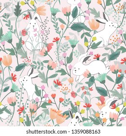 seamless pattern cute white rabbit bunny having fun in the flower garden,illustration vector comic art for any card.