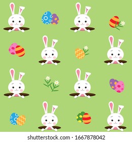 Seamless pattern with cute white rabbit or bunny pops out of the hole and there are eggs and flowers around on green garden background, Happy Easter day concept, Vector illustration