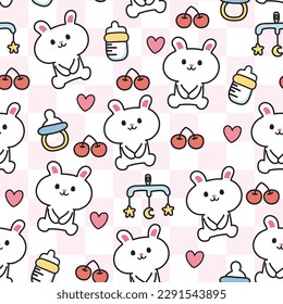 Seamless pattern of cute white rabbit doll background.Kid graphic.Heart,cherry,milk bottle,baby toy hand drawn.Kawaii.Vector.Illustration.