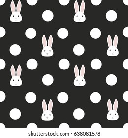 Seamless pattern: Cute white rabbit and polka dots on a black background. Vector illustration