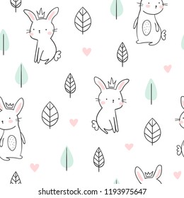 Seamless pattern with cute white rabbits and plants. Vector background for children.