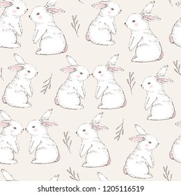 Seamless pattern with cute white rabbits. Hand Drawn vector illustration.