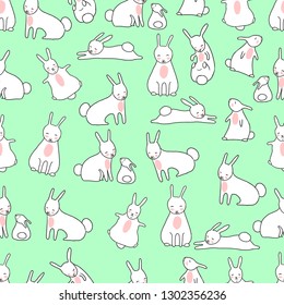 Seamless pattern with cute white rabbits on mint green background. Beautiful vector texture perfect for wrapping paper, fabric, wallpaper.
