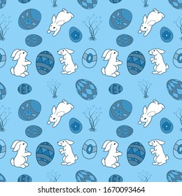 Patrón sin inconvenientes con los conejos blancos y los huevos al estilo del doodle. Para diseñar papeles de envoltura y tarjetas de felicitación de Pascua.