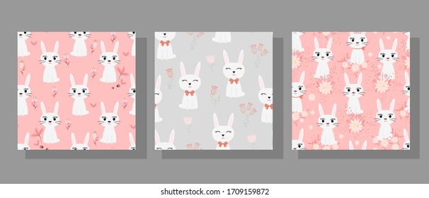 Seamless pattern of cute white rabbits with floral elements. Cute children's seamless pattern in cartoon style. Vector illustration.