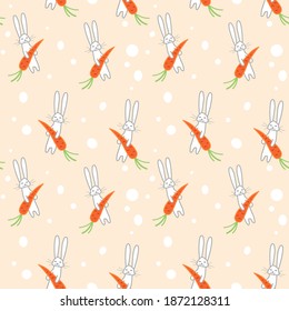 Seamless pattern with cute white rabbits and carrot. Vector illustration for  wrapping paper. fabric, decoration.