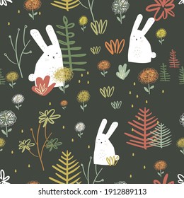 Seamless  pattern with cute, white rabbits on floral background. Can be used  for textile, wallpaper or print design.