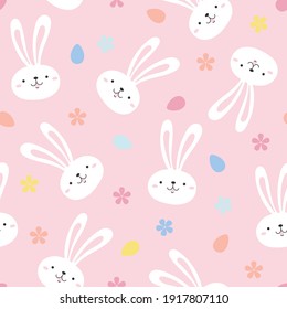 Seamless pattern with cute white rabbits eggs and flowers on a pink background for Easter.  Colorful vector texture for kids, flat style.