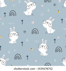 Seamless pattern of cute white rabbits on a gray background with floral elements. Design for kids textile and other surfaces in vector.