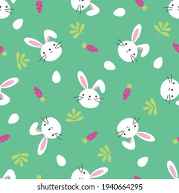 Seamless pattern with cute white rabbits eggs and carrots on a green background for Easter.  Colorful vector texture for kids, flat style.