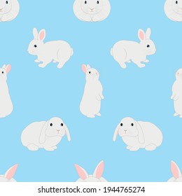 Seamless pattern with cute white rabbits. Vector illustration. Blue background.
