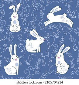 Seamless pattern with cute white rabbits. Layout for festive Easter decor or textiles.