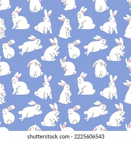 Seamless pattern with cute white rabbits. Hand drawn cartoon style hare background. Chinese New Year symbol 2023