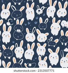 Seamless pattern with cute white rabbits. Hand drawn cartoon style hare background.