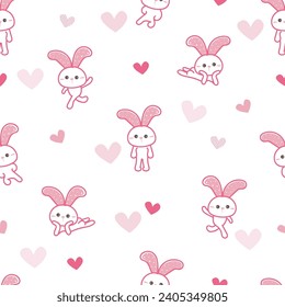 Seamless pattern with cute white rabbits. Hand drawn cartoon style hare background